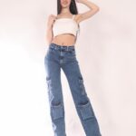 Jean Wide leg cargo elastizado confort azul nevado