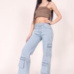 Jean wide leg cargo elastizado ruedo normal