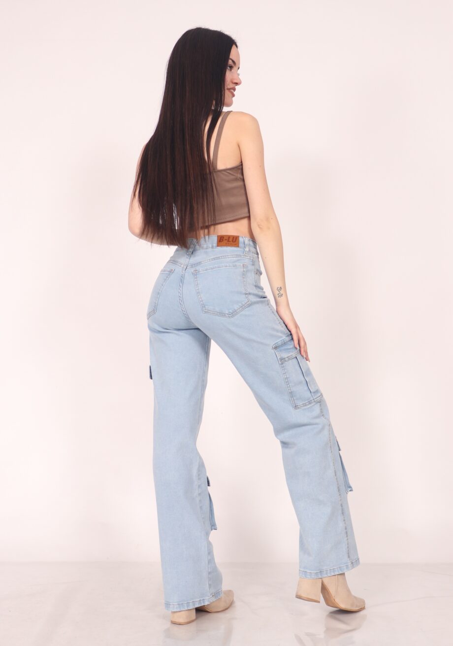 Jean wide leg cargo elastizado ruedo normal