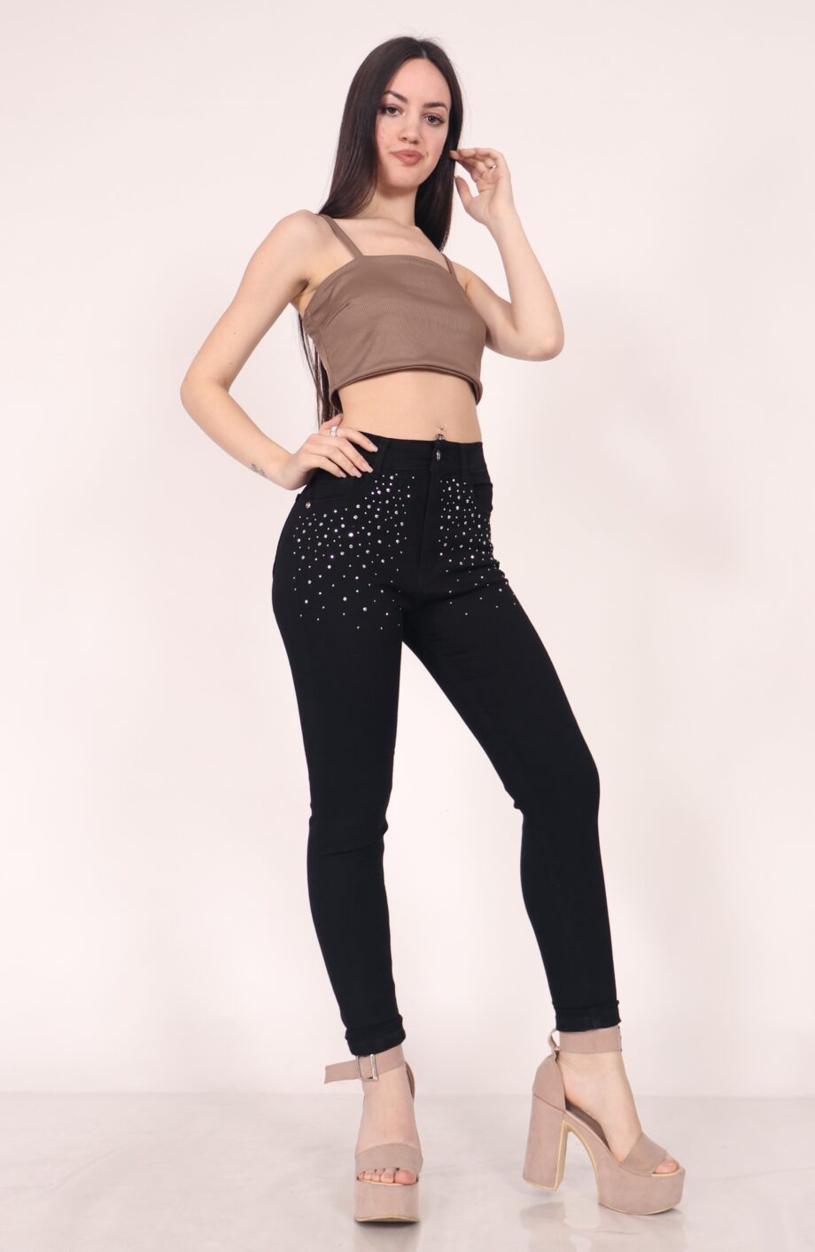 Skinny elastizado con strass black ruedo normal