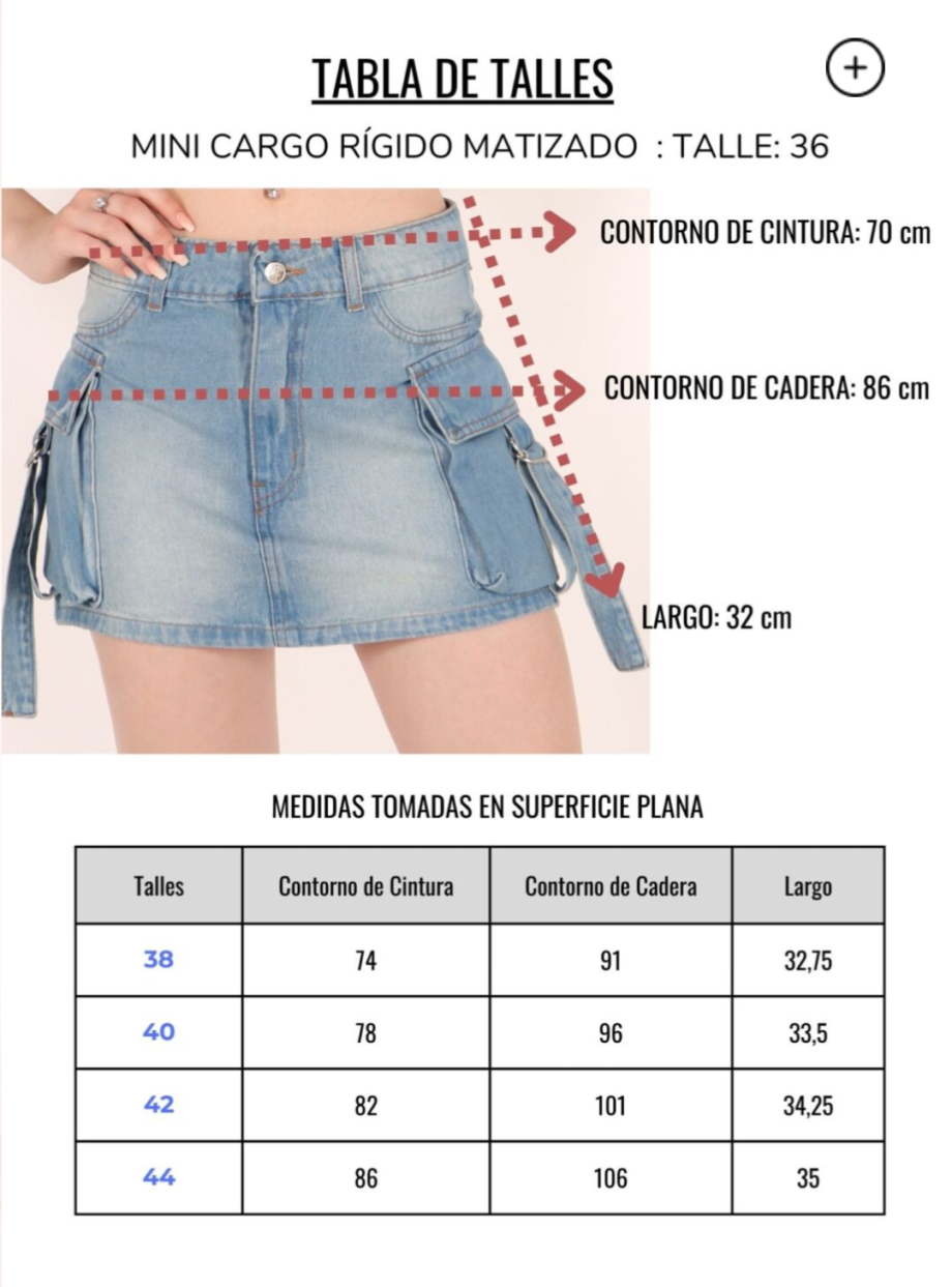 Pollera mini cargo rígida matizada con tiras ruedo normal