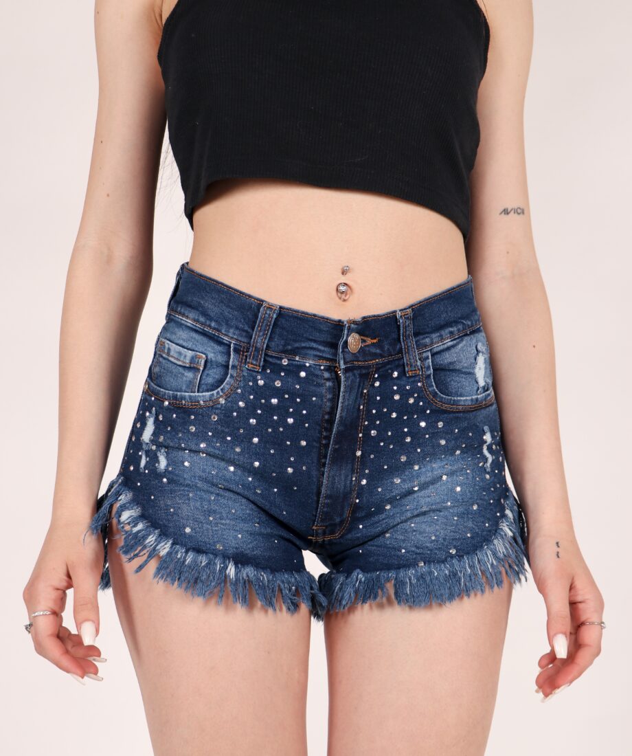 Short elastizado azul con Strass ruedo desflecado