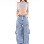 Wide leg cargo nevado con tiras ruedo normal