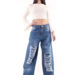 Wide leg rigido azul con rotura ruedo normal