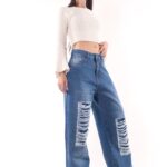 Wide leg rigido azul con rotura ruedo normal