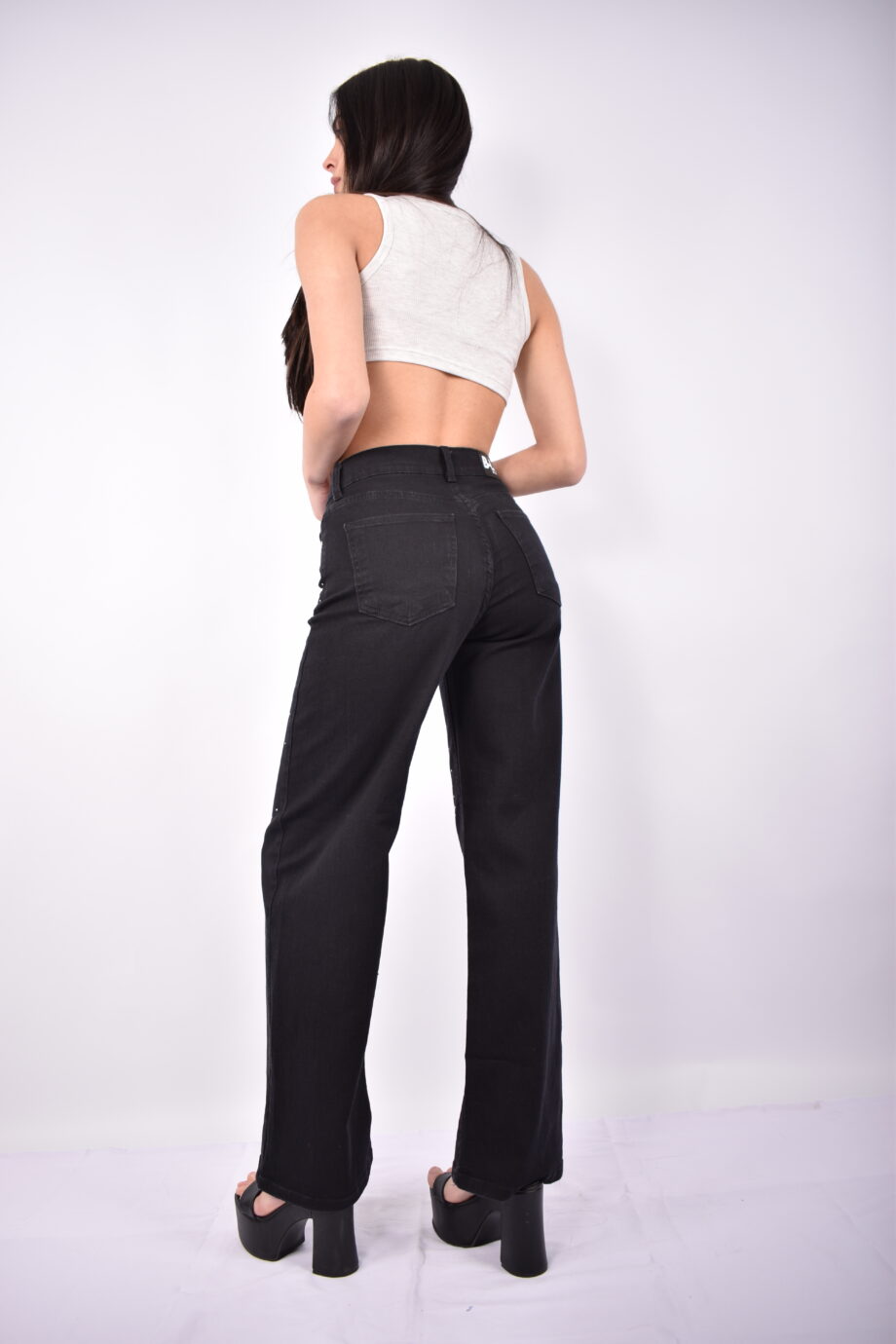 Wide leg elastizado black con strass ruedo normal