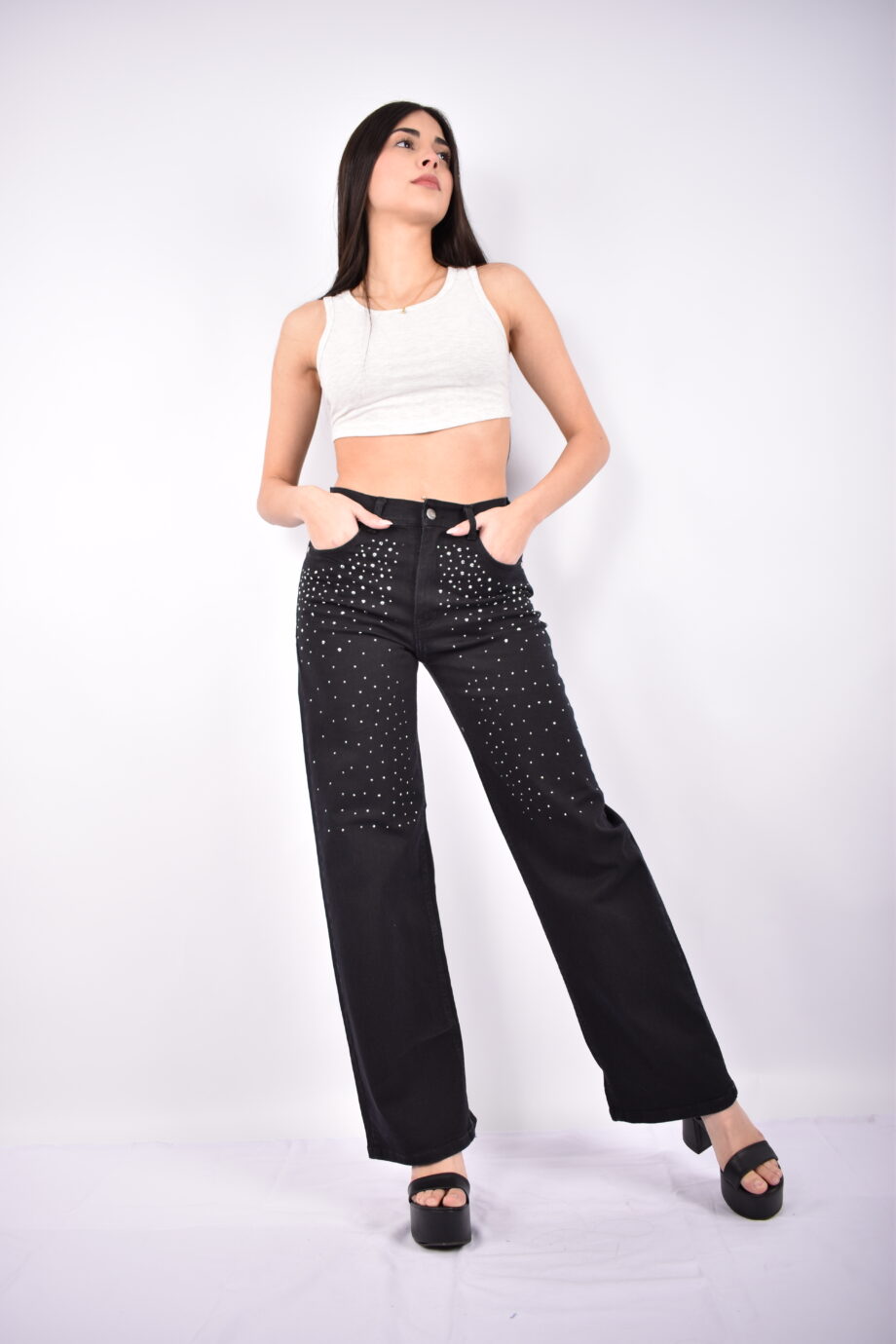 Wide leg elastizado black con strass ruedo normal