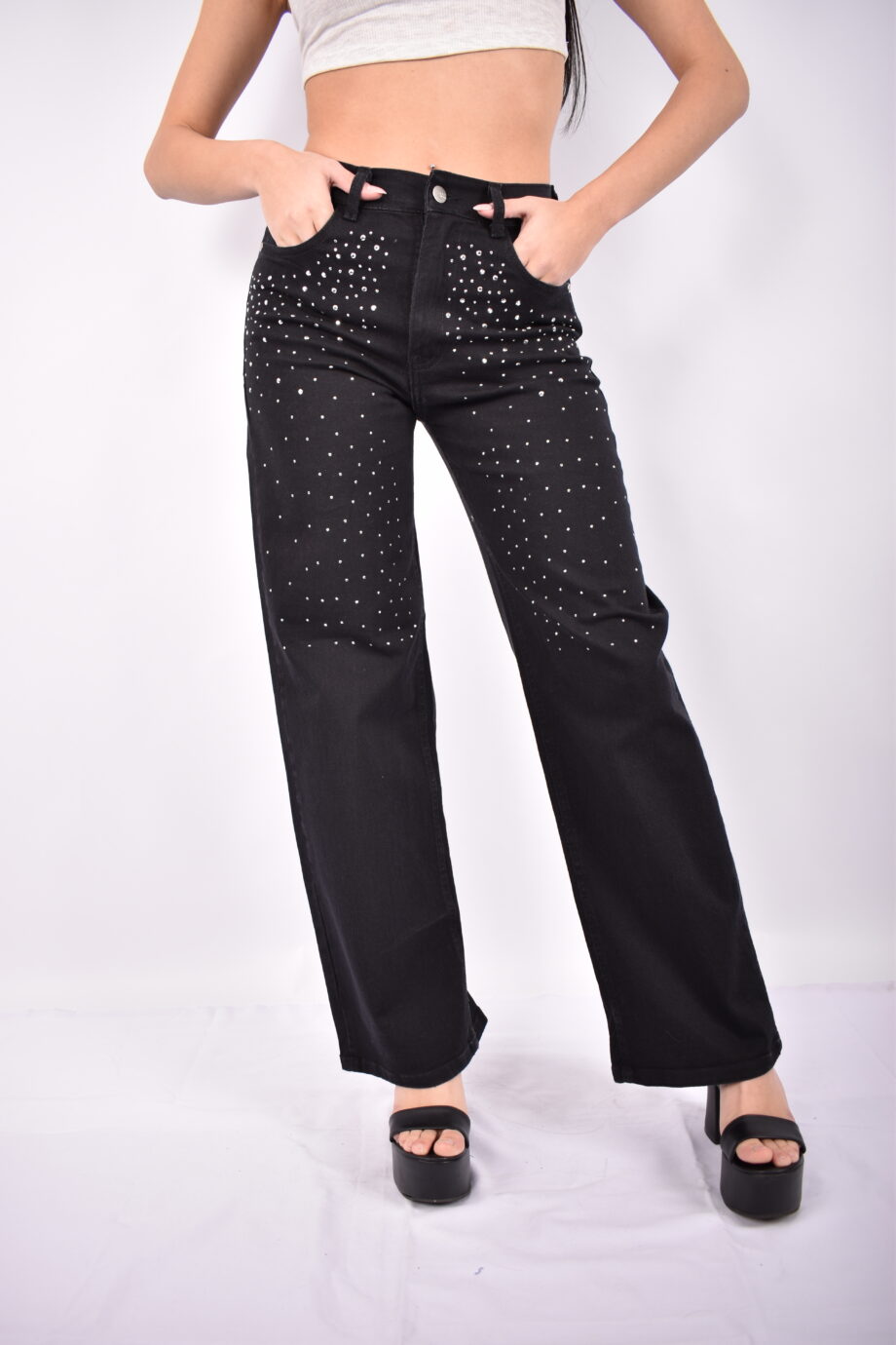 Wide leg elastizado black con strass ruedo normal