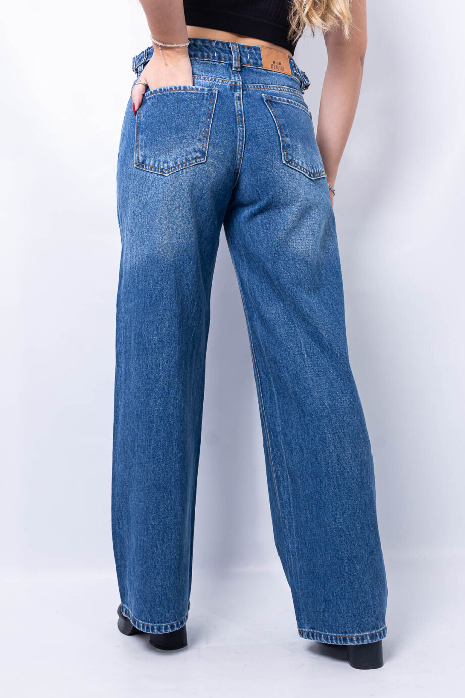 Wide leg cintura ajustable azul piedra
