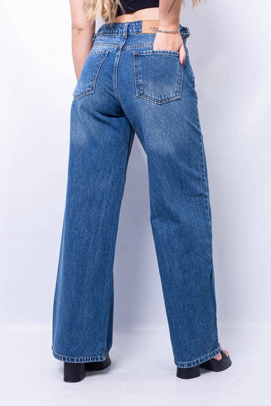 Wide leg cintura ajustable azul piedra
