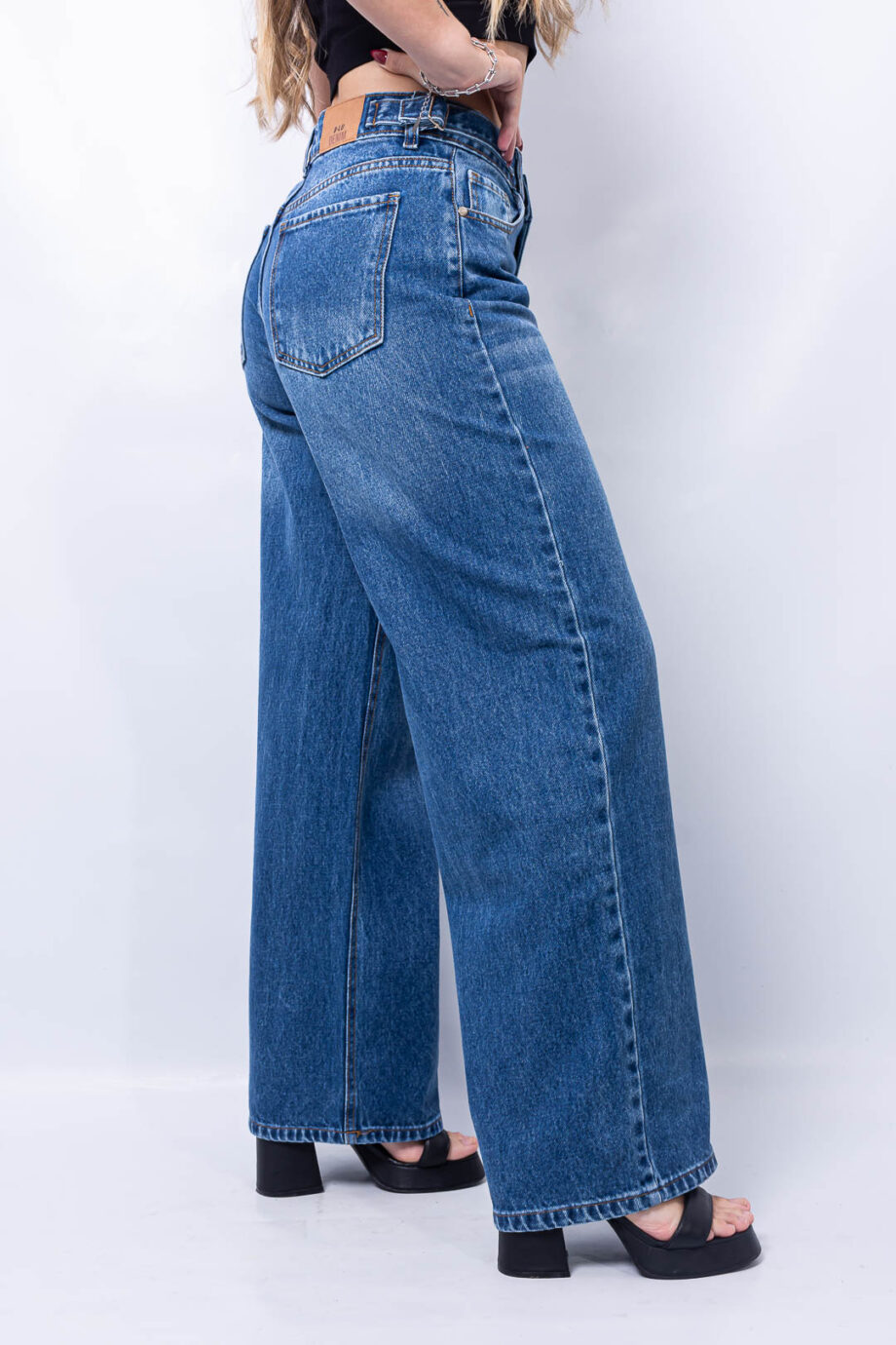 Wide leg cintura ajustable azul piedra