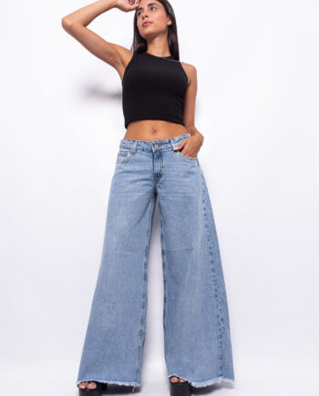 Super Wide Leg Tiro Bajo Bolsillo Descosido Azul Nevado Ruedo Desflecado