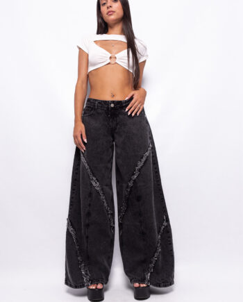 Super Wide Leg Tiro Bajo Con Recortes Gris Localizado Ruedo Normal