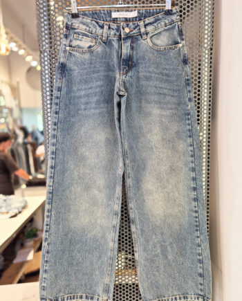 Wide Leg Rígido Tiro Bajo Azul Matizado Localizado Ruedo Normal