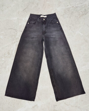 Super Wide Leg Tiro Medio Negro Doble Stone Localizado Ruedo Normal