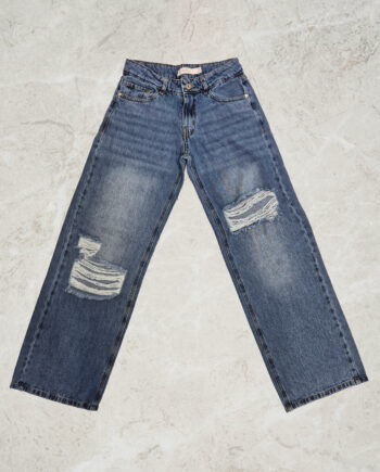 Wide Leg Tiro Bajo Azul Localizado con Roturas y Bigotes Ruedo Normal