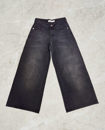 Super Wide Leg Tiro Bajo Negro Doble Stone Localizado Bordado en Bolsillos Ruedo Normal