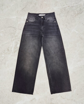 Wide Leg Tiro Medio Negro Doble Stone Localizado Ruedo Normal