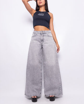 Super Wide Leg Rígido Tiro Medio Gris Nevado Ruedo Normal