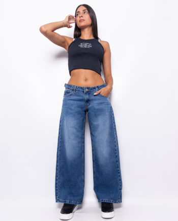 Wide Leg Tiro Bajo Azul Matizado con Hebillas Ruedo Normal