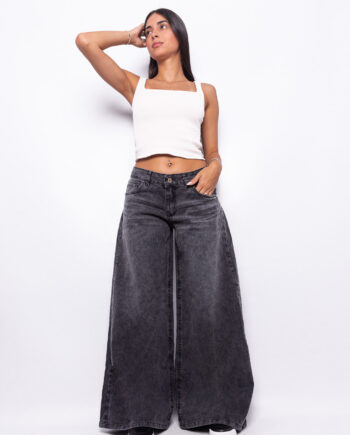 Super Wide Leg Tiro Bajo Negro Nevado con Bolsillo Estrella Ruedo Normal