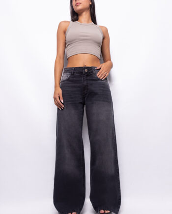 Wide Leg Tiro Medio Negro Doble Stone Localizado Ruedo Normal