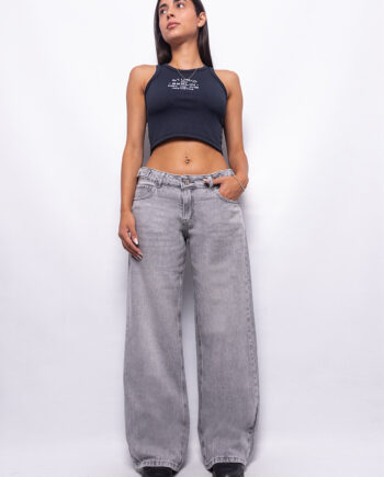 Wide Leg Tiro Bajo Gris Nevado con Hebillas Ruedo Normal