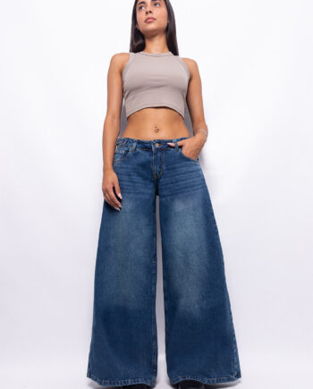 Super Wide Leg Tiro Bajo Azul Matizado con Hebillas Ruedo Normal