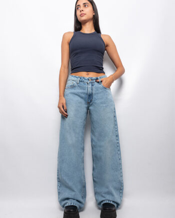 Wide leg rígido Celeste Nevado Tiro Bajo ruedo normal