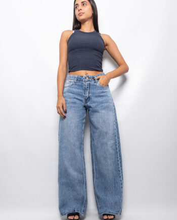 Wide Leg Rígido Tiro Medio Azul Nevado Localizado Ruedo Normal