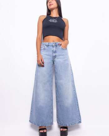 Super Wide Leg Tiro Medio Celeste Nevado Ruedo Normal