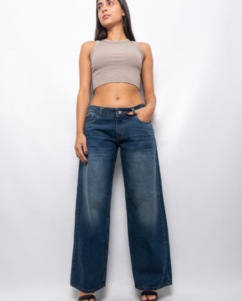 Wide leg rígido azul matizado tiro bajo ruedo normal