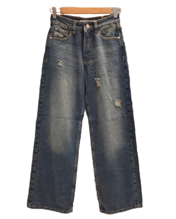 Wide leg rígido azul matizado con rotura Tiro Medio ruedo normal