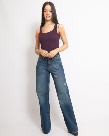 Wide leg rígido azul matizado con rotura Tiro Medio ruedo normal