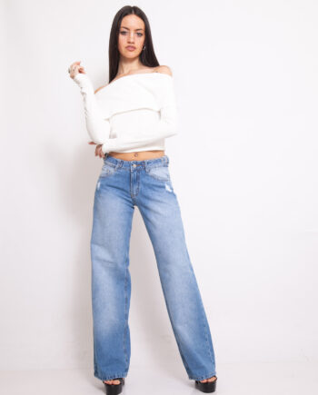 Wide Leg rígido Tiro Bajo Azul Localizado con Hebillas Ruedo Normal