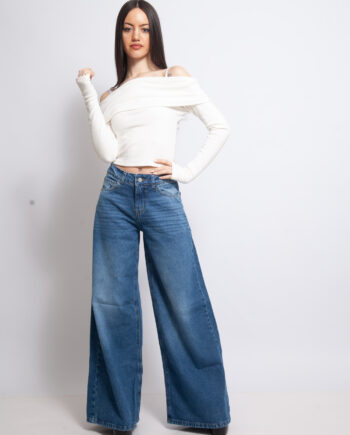 Super Wide Leg rígido Tiro Medio Azul Localizado Ruedo Normal