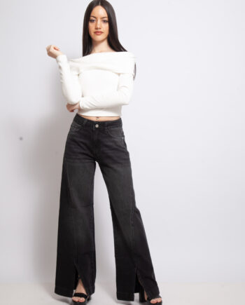 Wide Leg rígido Tiro Medio Negro Localizado con Tajo