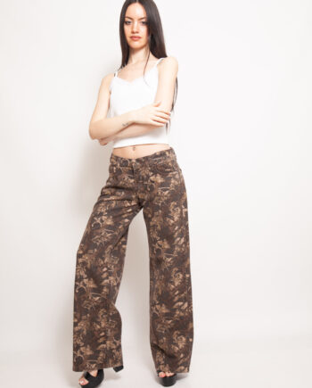 Wide leg rígido tiro bajo Chocolate con Estampado y hebilla trasera