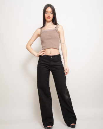 Wide Leg Black Elastizado Tiro Medio Ruedo Normal