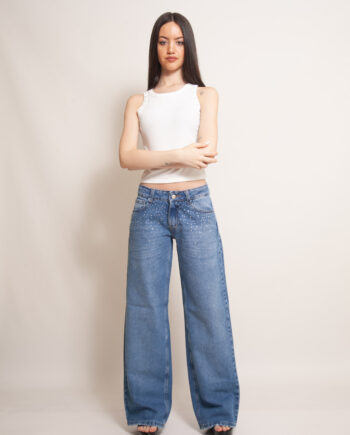 Wide leg rígido tiro bajo Azul con strass
