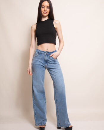 Wide Leg Celeste Elastizado PREMIUM Tiro Medio Ruedo Normal