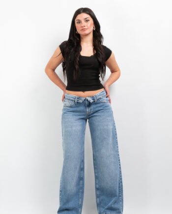 Wide Leg rígido Tiro bajo Azul localizado con Cintura rebatido