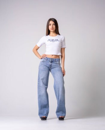 wide leg rígido tiro bajo celeste nevado con piedras Hot Fix