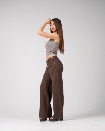 Wide Leg rígido Tiro Bajo Azul Chocolate con Hebillas Ruedo Normal